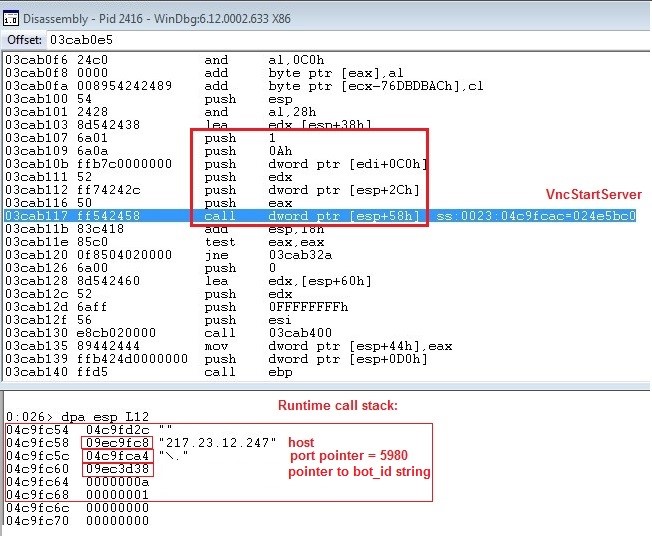 Dridex Figure 7: The call to VNCStartServer with parameters