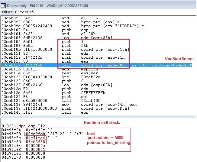 Dridex Figure 7: The call to VNCStartServer with parameters