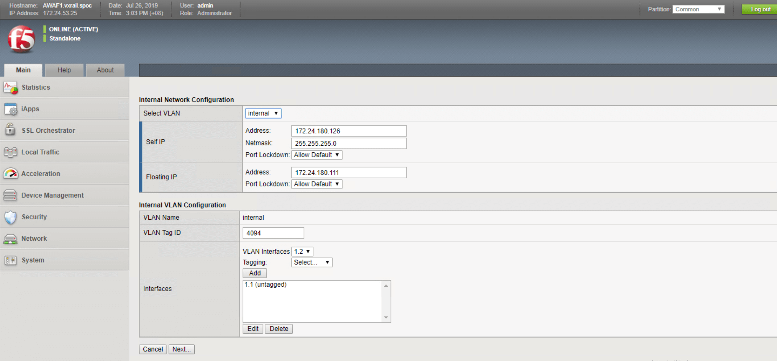 Figure 14: Configure VLAN information within the internal network settings. 